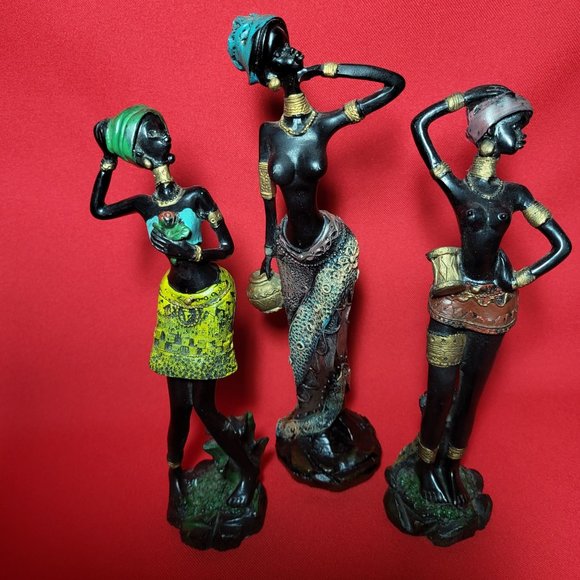 Vintage African Tribal Lady Woman Resin Figure Sculpture Decor Set of 3 - Picture 9 of 12